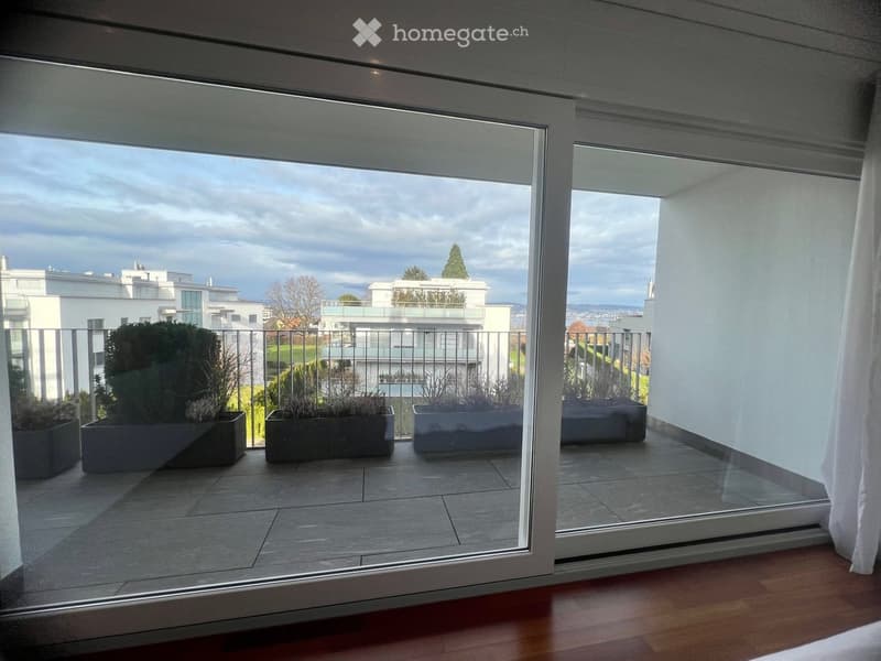 Sliding doors, balcony with potted plants, tiled floor, railing, view of buildings and greenery