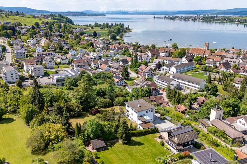 Aerial view of a residential area with houses, trees, and a lake in the background.