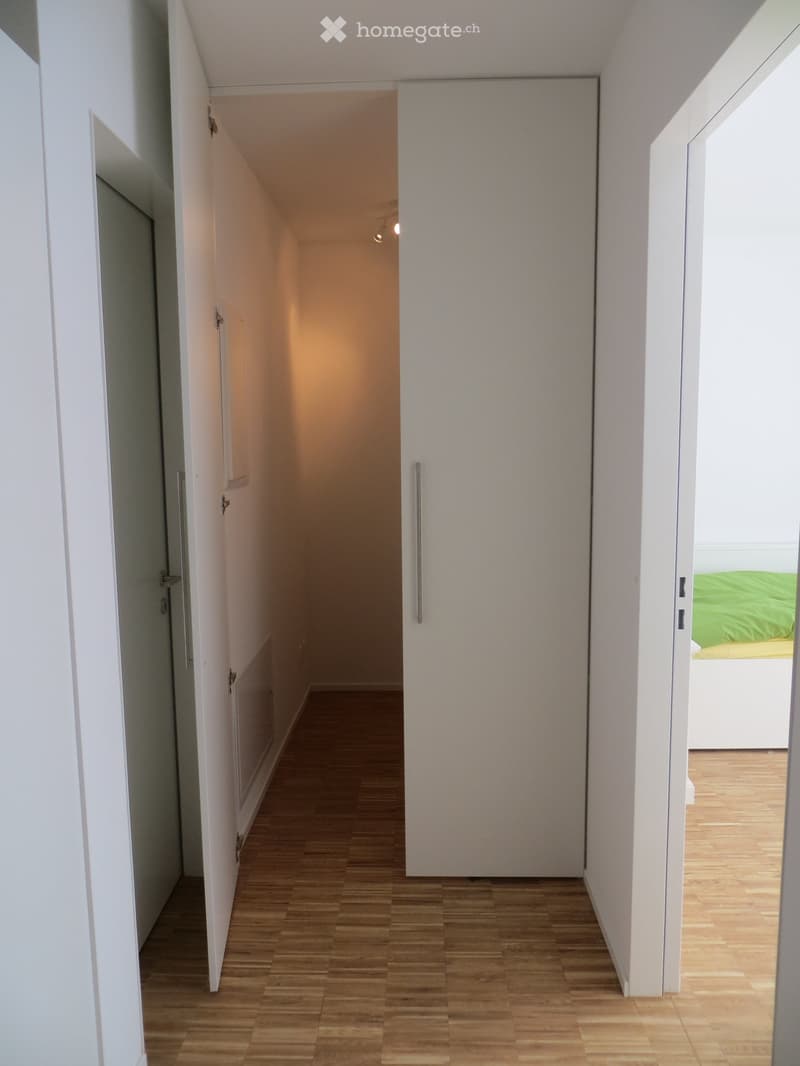 A narrow hallway with light wooden flooring, white walls, and several doors. The hallway is well-lit with recessed lighting and has a modern, minimalist design.