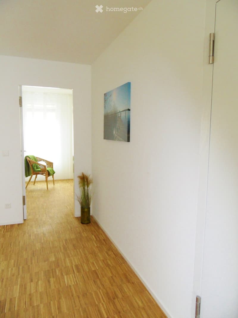A narrow hallway with light wooden flooring, white walls, and a painting on one wall. A small green chair with a green blanket is visible in an adjacent room, along with a potted plant in the hallway.