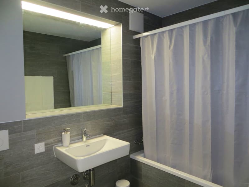 Modern bathroom with dark grey tiles, white sink, mirror with built-in lighting, and a shower area with a curtain.
