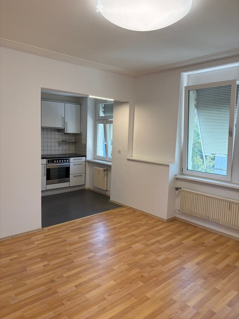 Open-plan living and dining area with wooden flooring, large windows, built-in kitchen with cabinets and oven, radiator, and modern lighting.