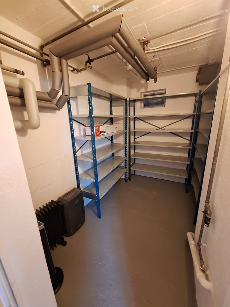 Utility room with metal shelving units, pipes, and a radiator. The space is empty with no furniture or personal items.