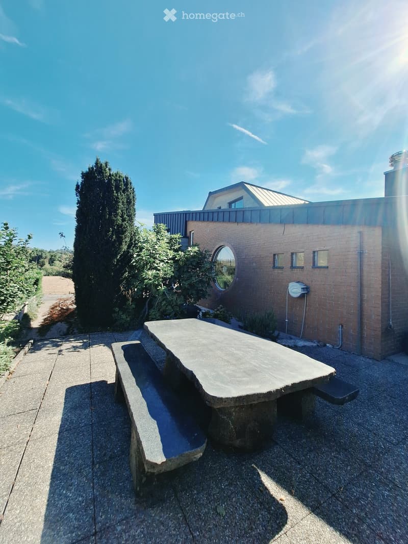 Outdoor seating area with a stone table and benches, surrounded by greenery and a modern house in the background.