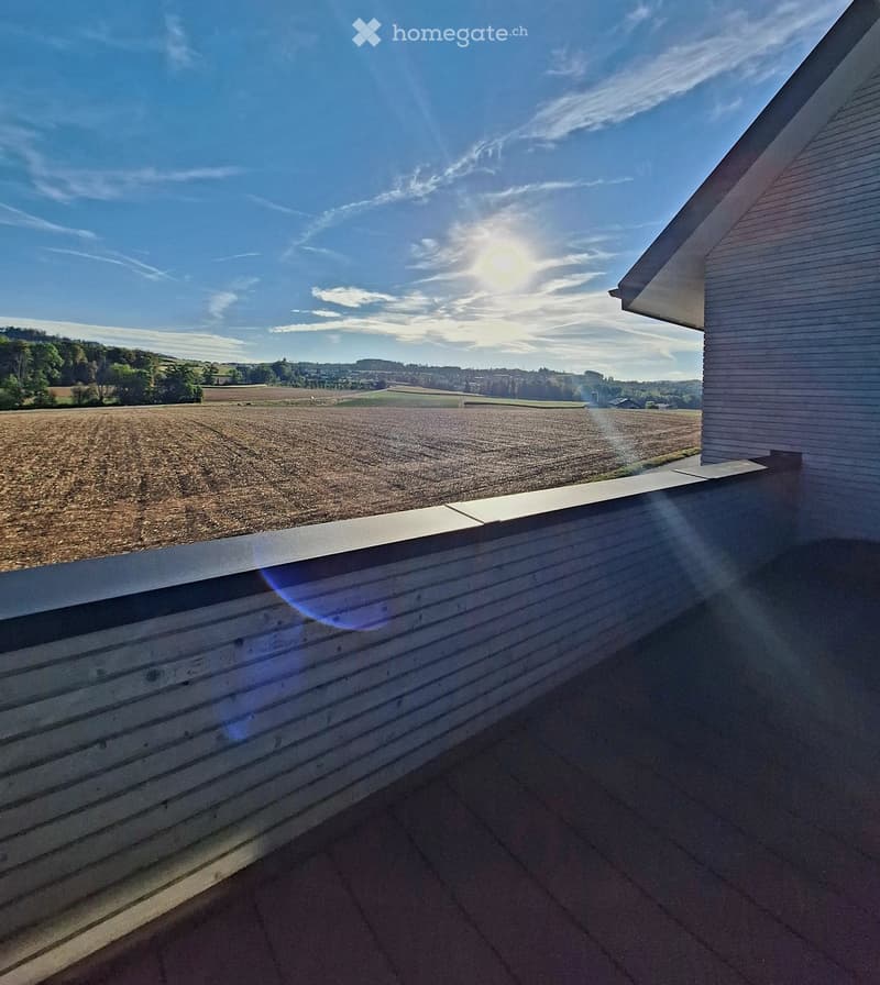 Balcony with metal railing overlooking a rural landscape with fields and trees under a clear blue sky.
