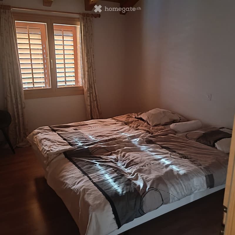 Bedroom with a single bed, pillows, and light-colored bedding, featuring wooden window shutters and a slanted ceiling.