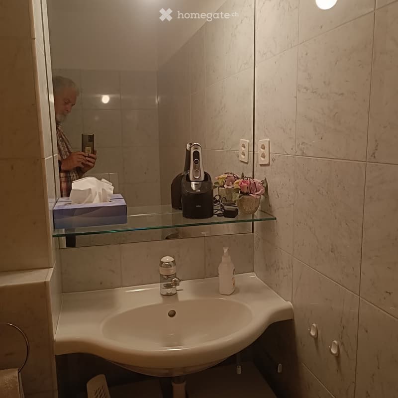 Modern bathroom with a white sink, mirror, and glass shelf holding a tissue box, electric shaver, and flower vase. The sink has a modern faucet and a soap dispenser.