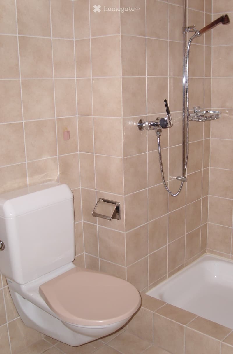 Bathroom with beige tiled walls and floor, featuring a toilet, bathtub, and a handheld showerhead with a hose.