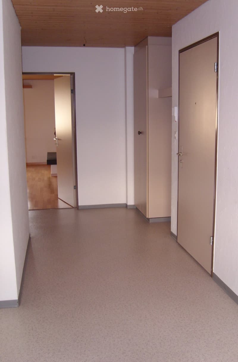Empty hallway with light-colored walls, carpeted floor, and doors on both sides. One door leads to a room with wooden flooring visible in the background.