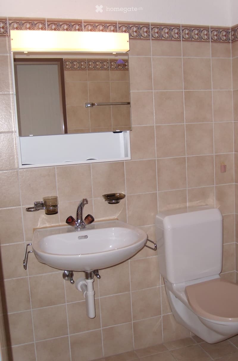Bathroom with beige tiled walls, a white sink with a chrome faucet, a toilet, a mirror with a built-in cabinet, and a small cup on the sink.
