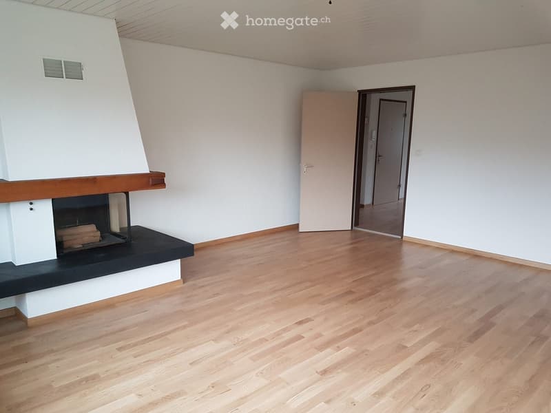 Empty room with light wooden flooring, white walls, and a modern fireplace with a black base and white chimney.