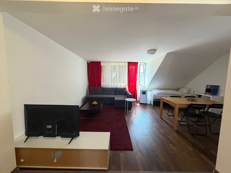A multi-functional room with a living area and a sleeping area. Features include a sofa, coffee table, TV, dining table with chairs, and a small bed.