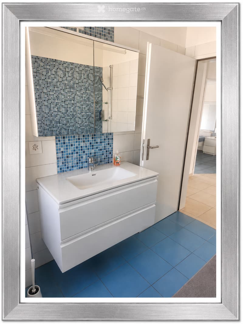 Modern bathroom with white vanity, blue tiles, and a large mirror. A bottle is placed on the sink counter, and a toilet is visible in the corner.