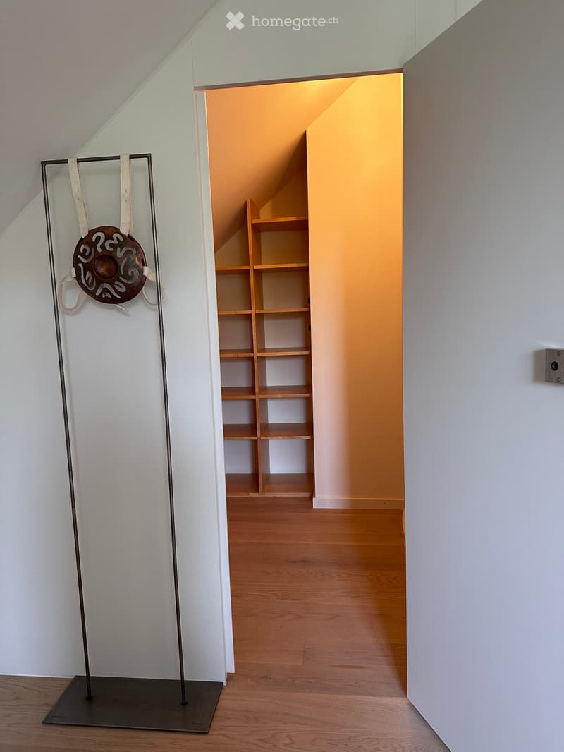 A modern hallway with light wooden flooring, white walls, and a small wooden shelf unit in the background. A decorative metal stand with a circular design is visible on the left side.