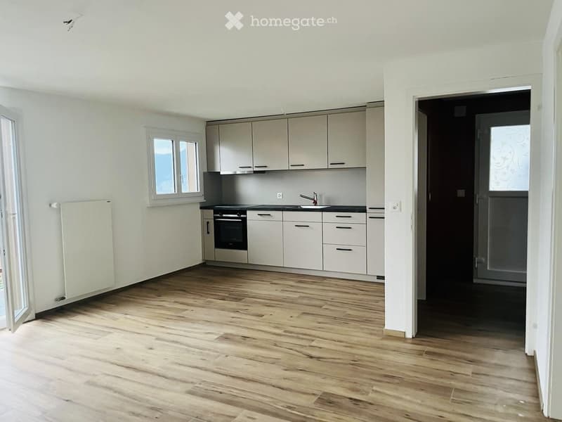 Modern kitchen with light-colored cabinets, stainless steel appliances, and wooden flooring.