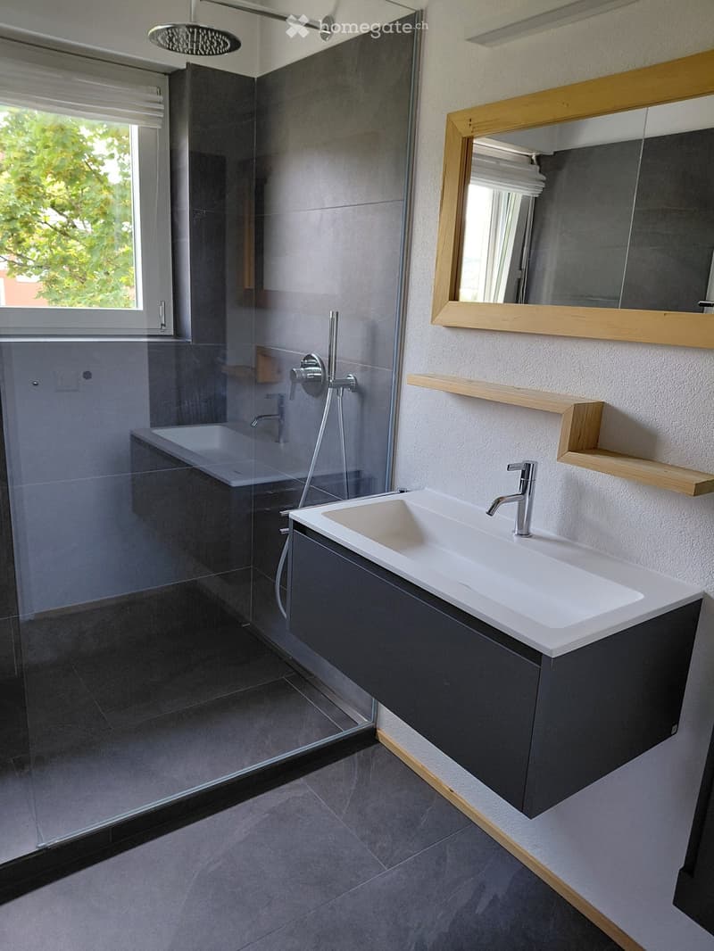 Modern bathroom with a white sink, chrome faucet, large mirror with wooden frame, wooden shelf, glass-enclosed shower, and bathtub.