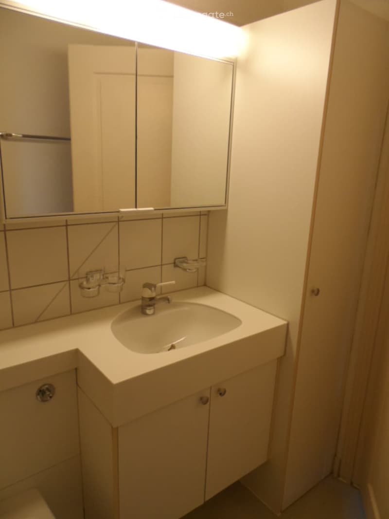 Modern bathroom with a white sink, mirror, and built-in cabinet. The sink has a chrome faucet, and the mirror is illuminated with a built-in light strip.