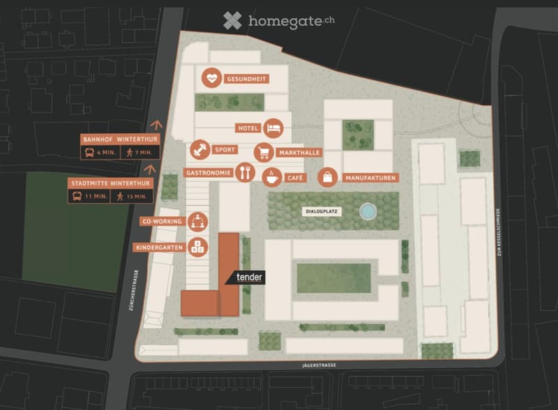 Floor plan of a residential area showing various facilities including a hotel, cafe, market hall, sports area, and green spaces.