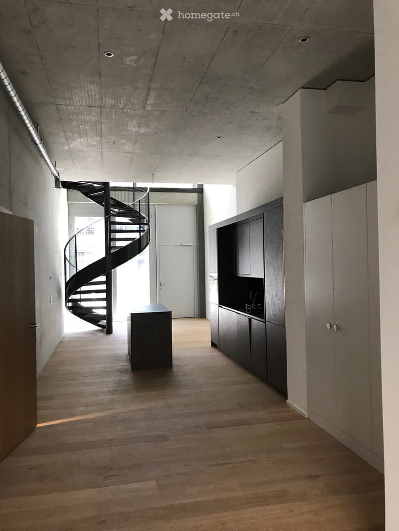 Modern hallway with wooden flooring, a spiral staircase, and built-in cabinets. The space features exposed concrete walls and a sleek, minimalist design.