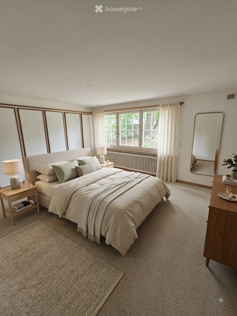 A well-lit bedroom with a large bed, nightstands, lamps, a mirror, and a plant on a wooden table. The room features large windows with curtains and a cozy rug on the floor.