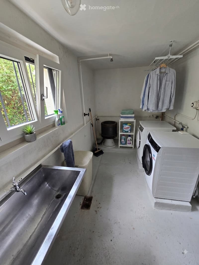 A small, functional bathroom with a bathtub, washing machine, and dishwasher. Cleaning supplies and a small plant are visible on the windowsill, and a towel hangs on the wall.