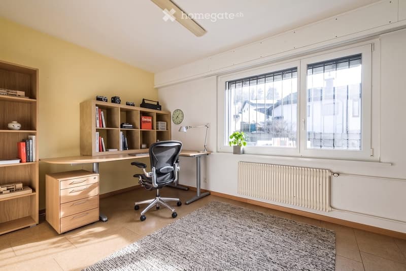 Brightly lit study room with large windows, a modern desk, ergonomic chair, bookshelf, and decorative items.