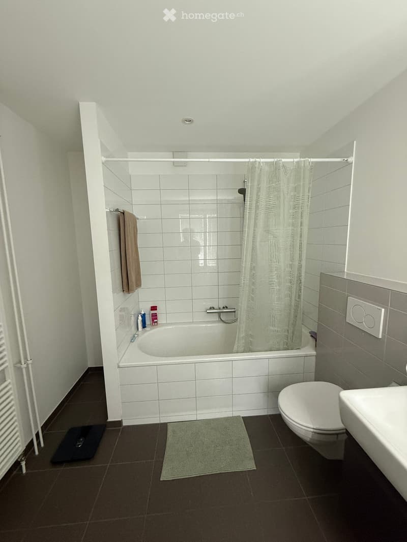 Modern bathroom with a bathtub, toilet, shower curtain, towel, and bathroom rug. The walls are tiled, and the floor is dark brown.