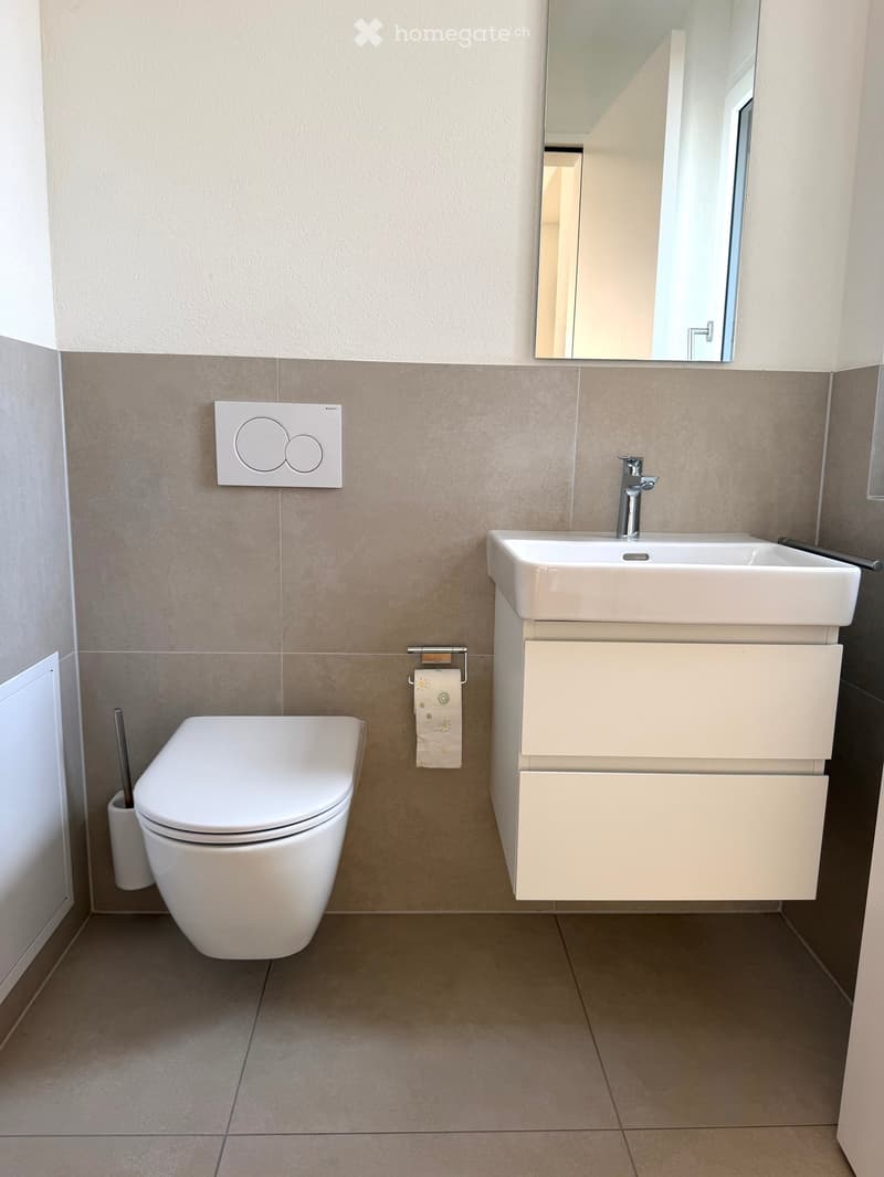 Modern bathroom with beige tiles, white toilet, sink with modern faucet, and a large mirror above the sink.