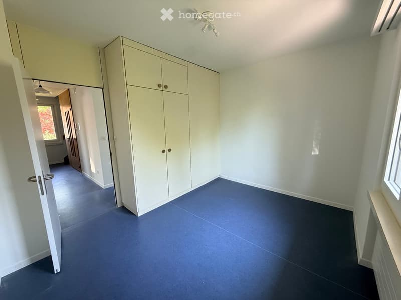 Empty room with light-colored walls, blue flooring, and built-in white cabinets. A doorway leads to another room with visible windows and a view of greenery.