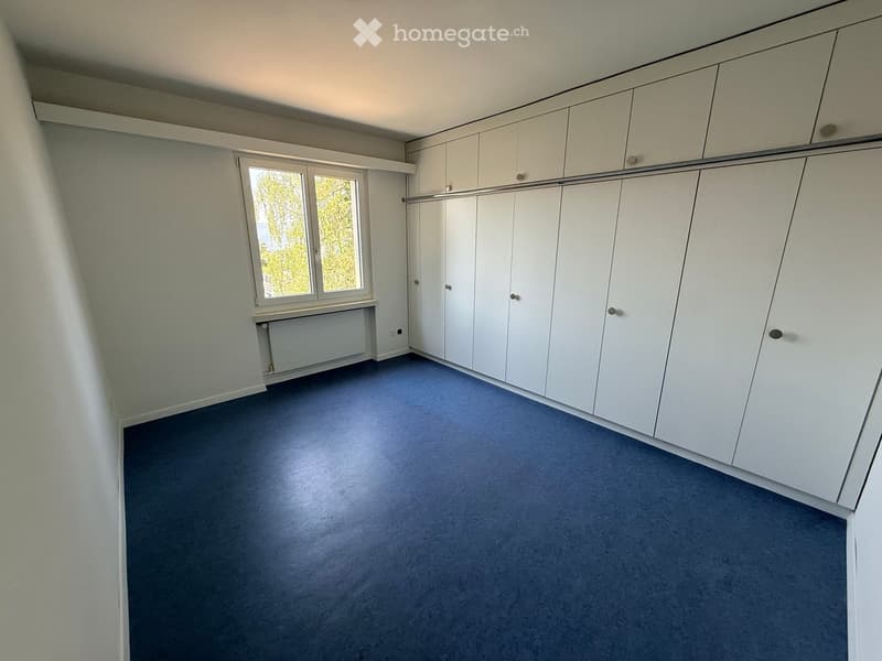 Empty room with white built-in wardrobes, a window with a view of greenery, and a radiator below the window. The floor is covered in blue carpeting.