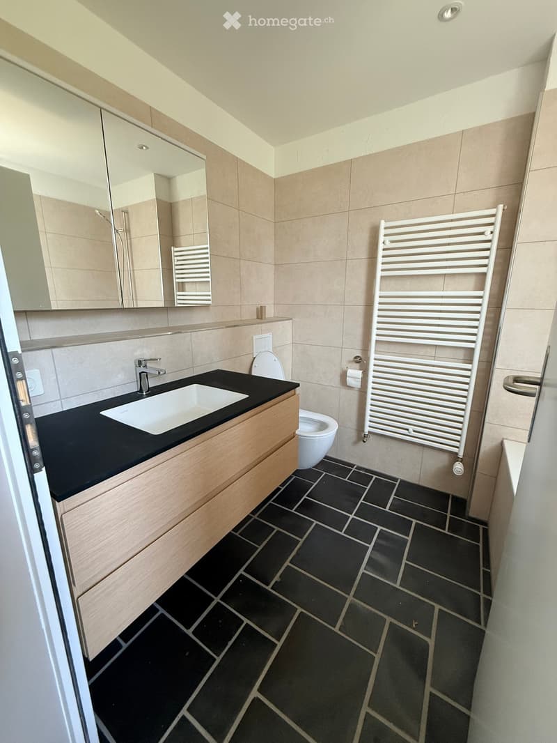 Modern bathroom with black tiled floor, wooden vanity with sink and faucet, large mirror, toilet, and white radiator.