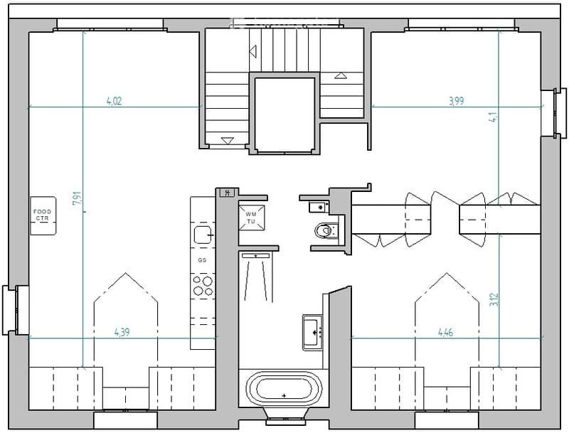 Floor plan of a residential space featuring a living area, dining area, kitchen, two bedrooms, and a bathroom.
