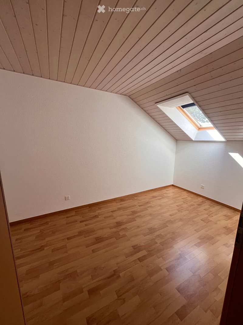 Empty room with wooden flooring, white walls, and a skylight window letting in natural light.