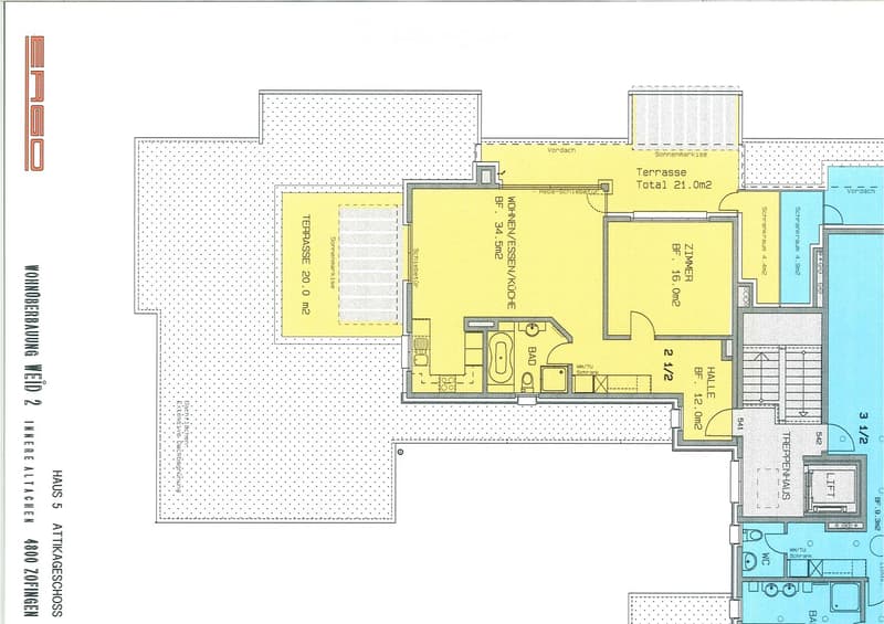 Floor plan of a residential unit featuring a living room, kitchen, bedroom, bathroom, hallway, and two terraces.