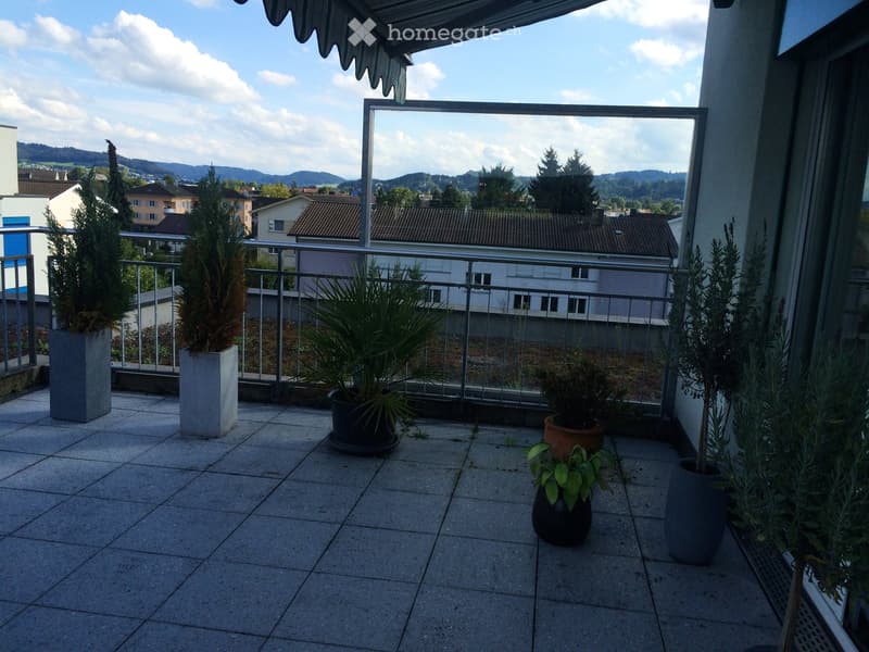 Balcony with tiled floor, metal railing, and several potted plants, overlooking a town with houses and hills.