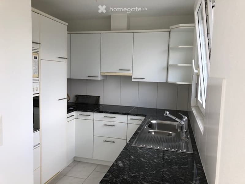 Modern kitchen with white cabinets, black granite countertop, stainless steel sink, and built-in appliances.