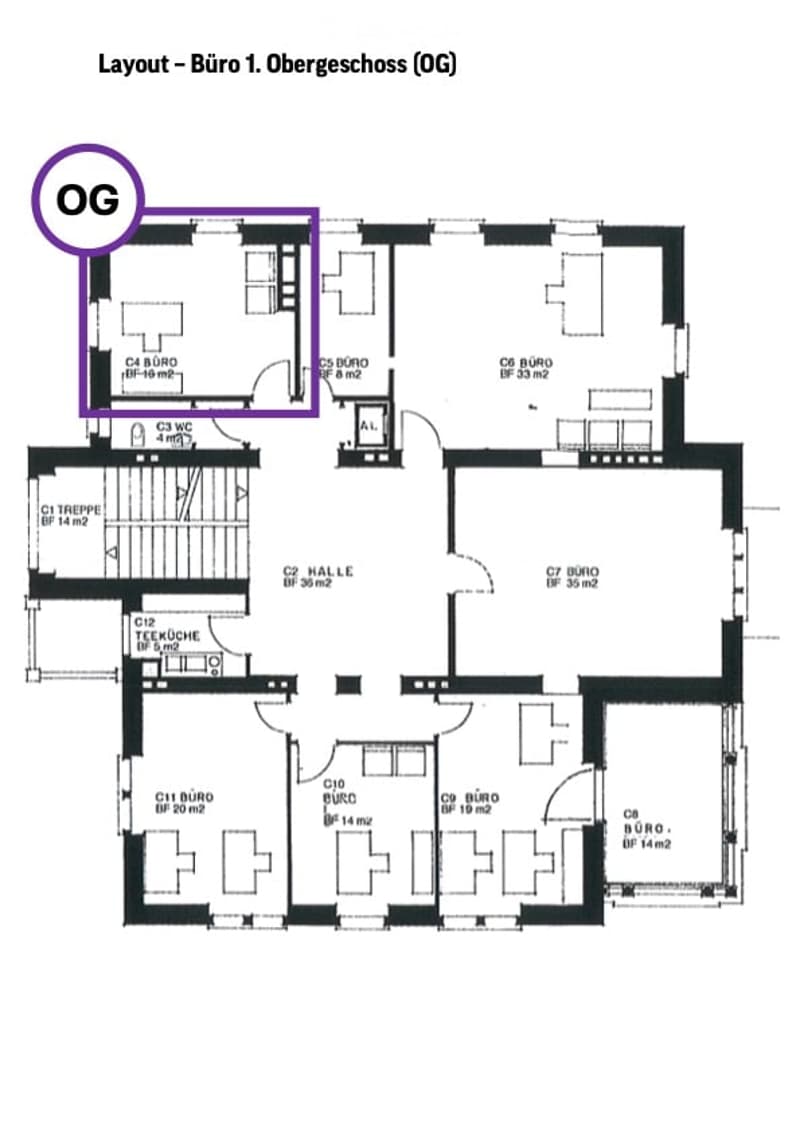 Layout of the first floor (OG) of a building, showing multiple offices (Büro), a kitchen (Teeküche), a hallway (Halle), a staircase (Treppe), and a WC (toilet).