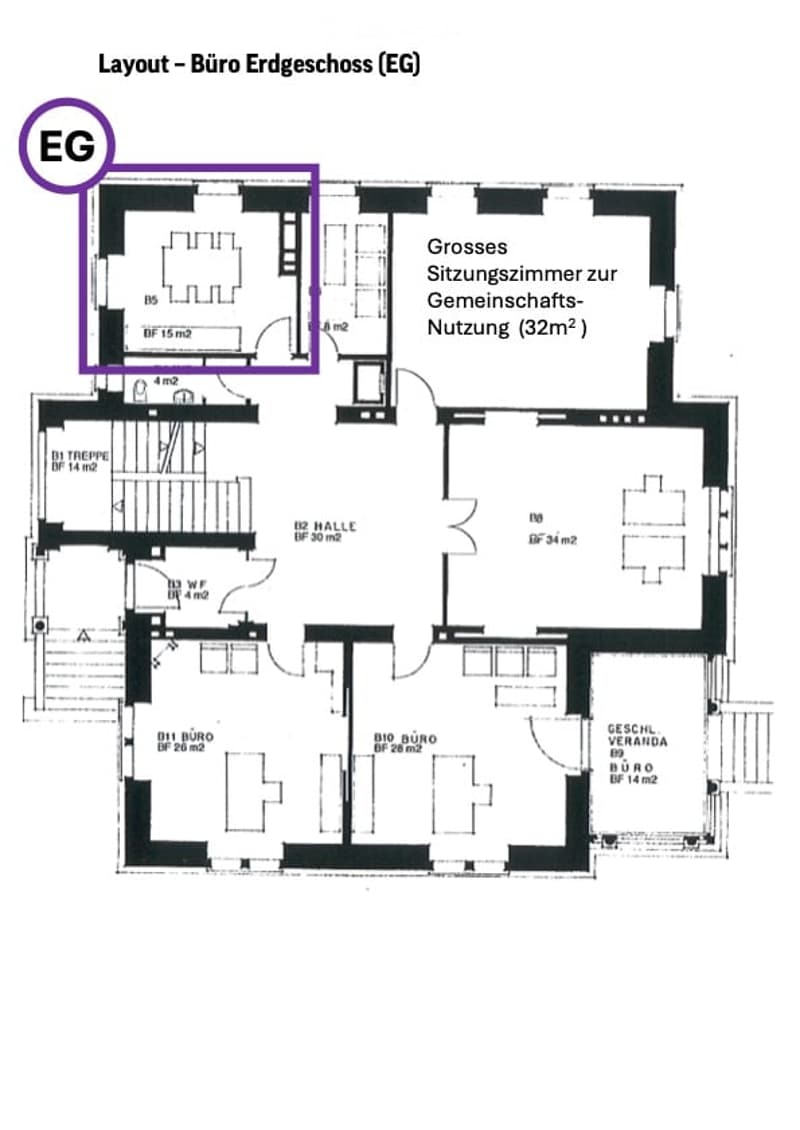 Layout of a ground floor office space, including multiple offices, a large common sitting area, a hallway, and a staircase.