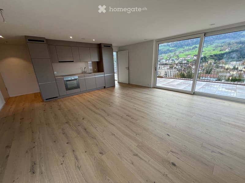 Modern kitchen with light wood flooring, grey cabinets, and a large window offering a scenic view of the valley.