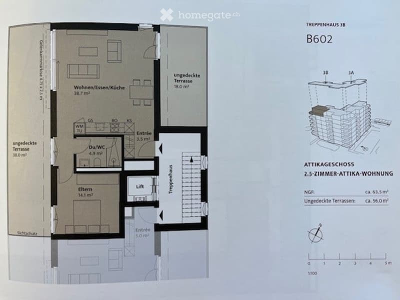 Floor plan of a 2.5-room attic apartment with living/dining/kitchen area, bedroom, and covered terrace.