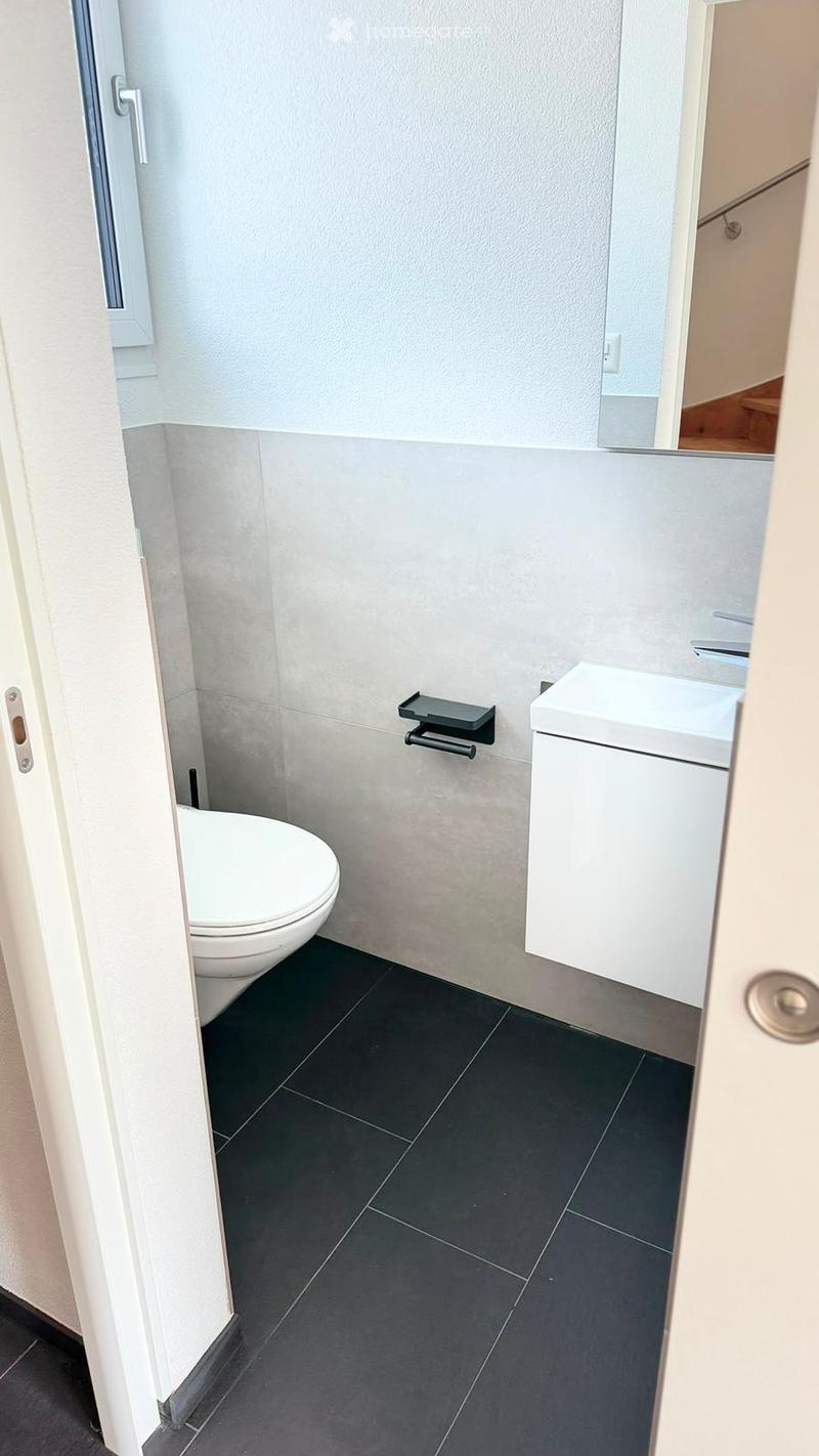 Modern bathroom with dark grey tiles, white toilet, white sink with cabinet, and a towel rack.