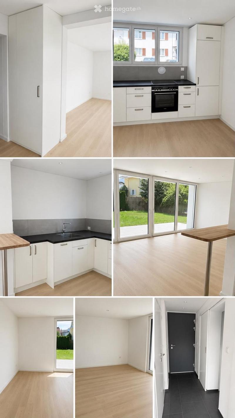 A collage of six unfurnished rooms showcasing modern, minimalist design with white walls, light wooden flooring, and large windows. The rooms include a kitchen, living space, and hallway, all featuring clean lines and neutral tones.