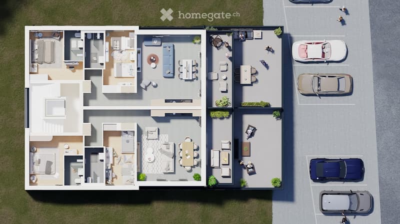 Top-down floor plan of a modern house with multiple bedrooms, bathrooms, living and dining areas, and an outdoor patio with parking spaces.