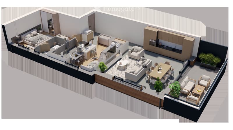 3D floor plan of a modern apartment with a living room, dining area, kitchen, bedroom, and balcony. Features include a sofa, dining table, chairs, bed, and kitchen cabinets.