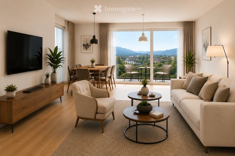Modern living and dining area with a view of mountains, featuring a sofa, coffee table, dining table, chairs, pendant lights, floor lamp, TV, sideboard, and plants.