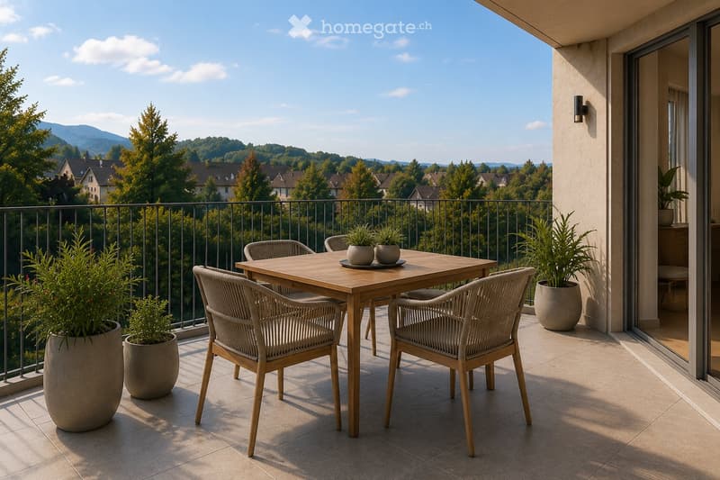 Balcony with a wooden table, four wicker chairs, and several potted plants, overlooking a scenic landscape with trees and houses.