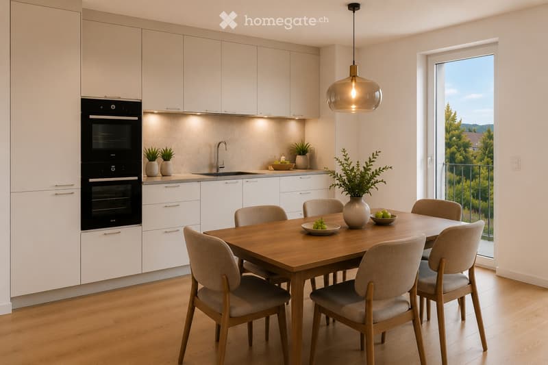 Modern kitchen with white cabinets, wooden dining table, six chairs, pendant light, and a view of greenery through a large window.