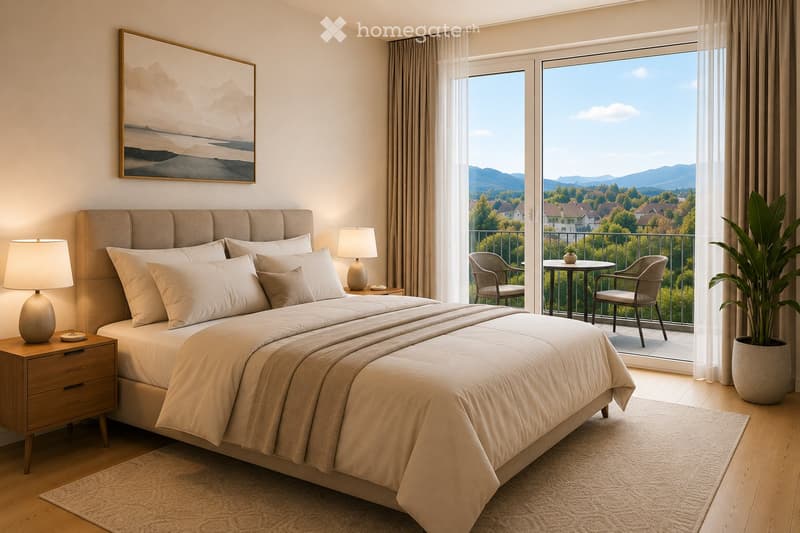 Modern bedroom with a large bed, nightstands, lamps, a balcony with outdoor seating, and a scenic mountain view.