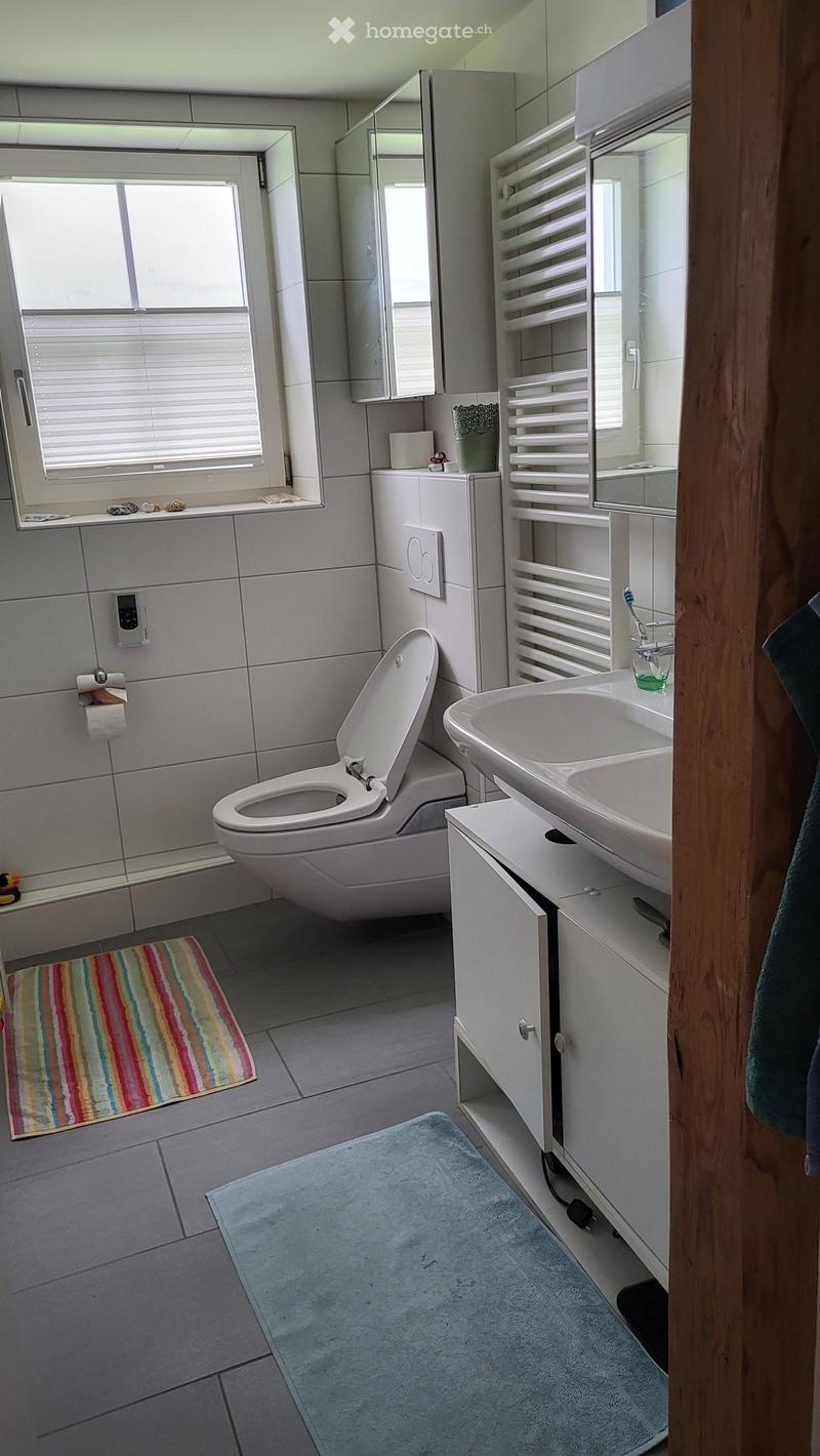 Modern bathroom with white tiles, a toilet, a sink with a mirror, a towel rack, and a colorful bath mat.