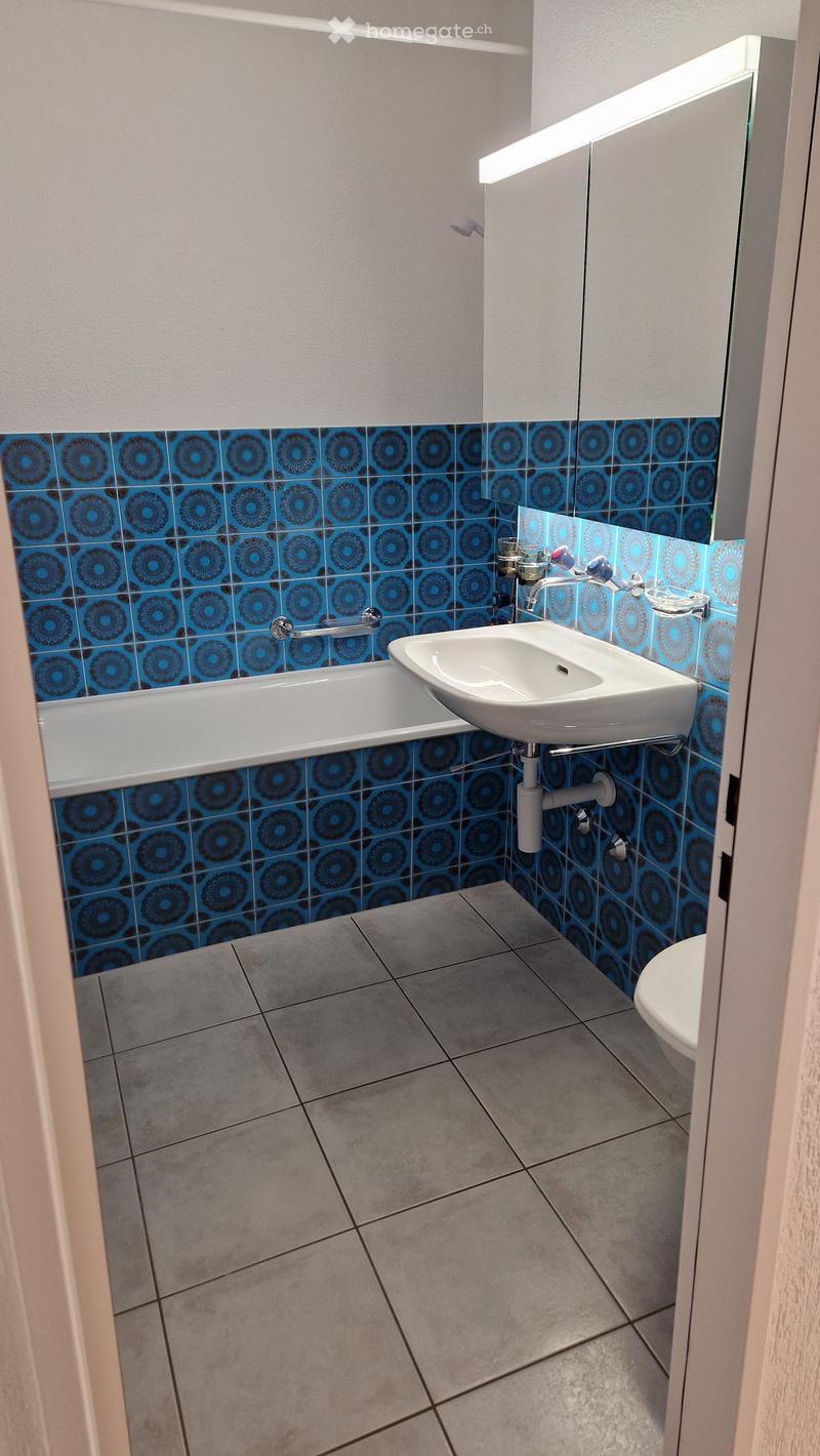 Modern bathroom with a bathtub, sink, and mirror. Blue patterned tiles adorn the lower half of the walls, while the upper walls are painted grey. The floor is tiled in a neutral grey color.